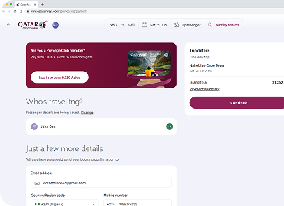 Qatar Airways KE — payment flow screens showing checkout and booking interface