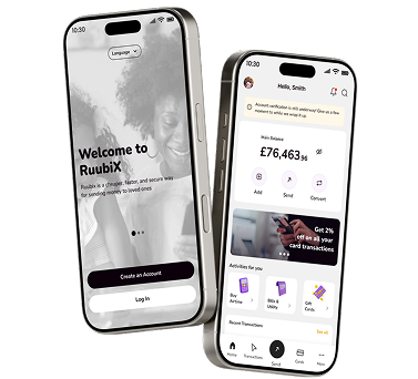Ruubix — two mobile phones displaying the cross-border payment app interface